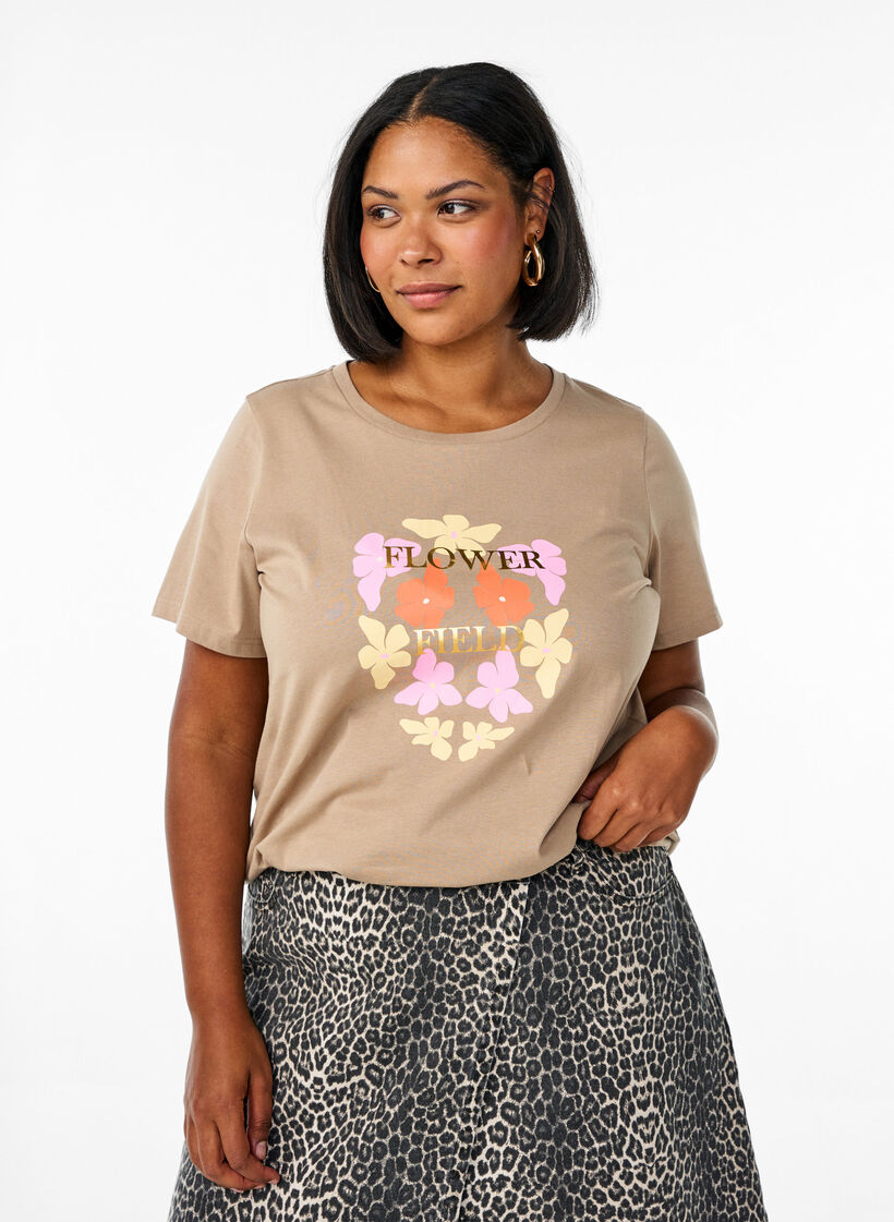 T-shirt met bloemenprint detail, Beige, Model image number 0