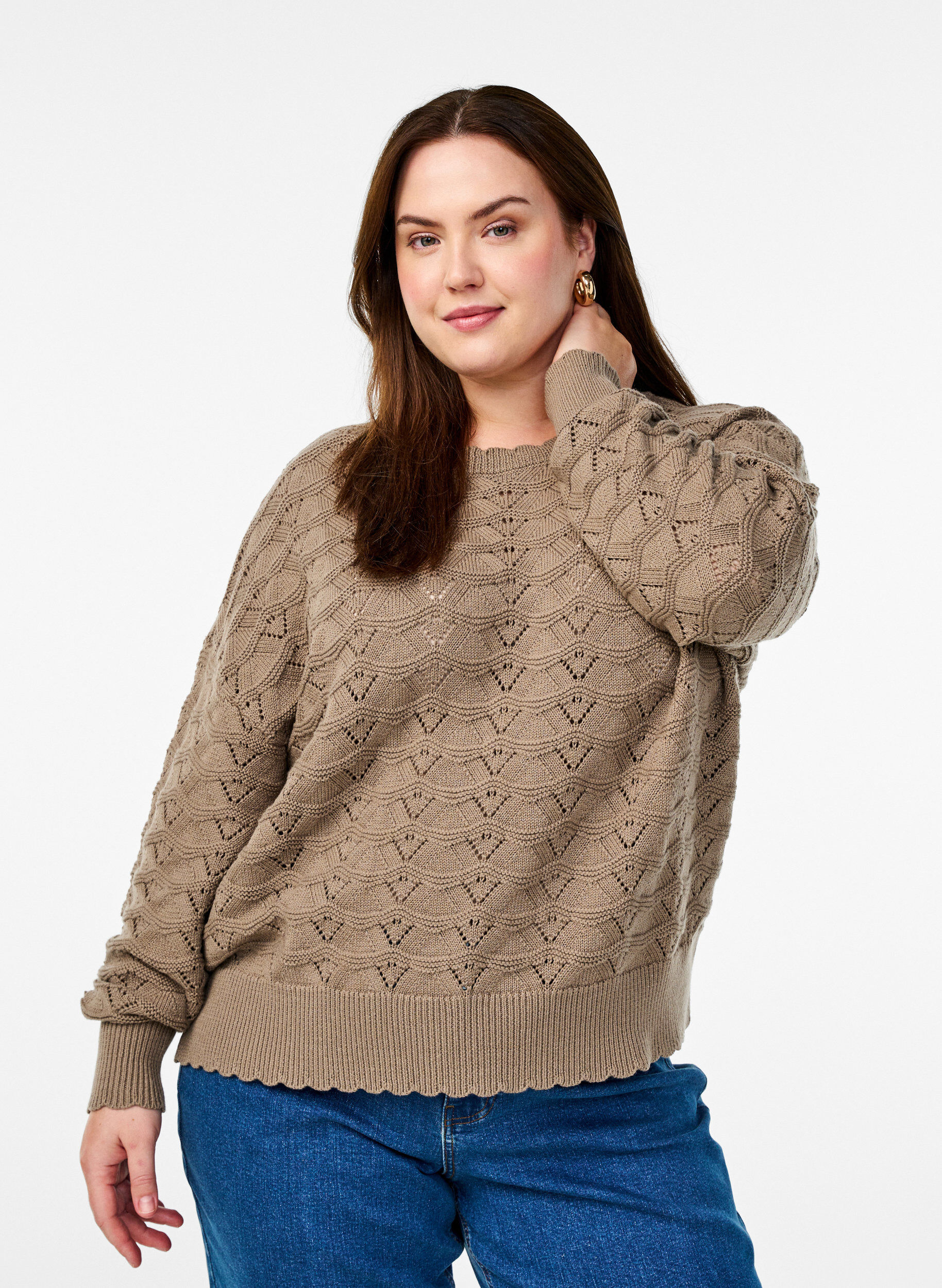 Zizzi Gebreide blouse met lange mouwen en een opengewerkt patroon, Desert Taupe, Model image number 0