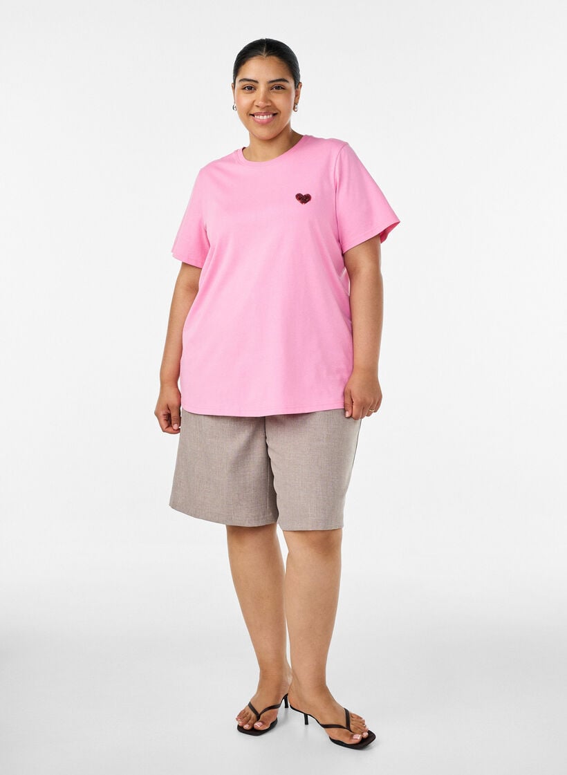 T-shirt met pailletten hart en kleurrijke achterprint, Roze, Model image number 1