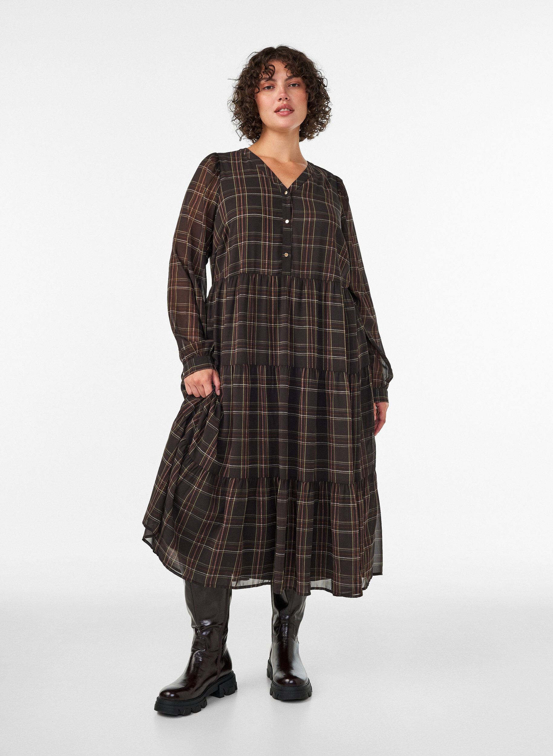 ZizziGecontroleerde midi-jurk met een rok in lagen, Bruin, Model image number 0
