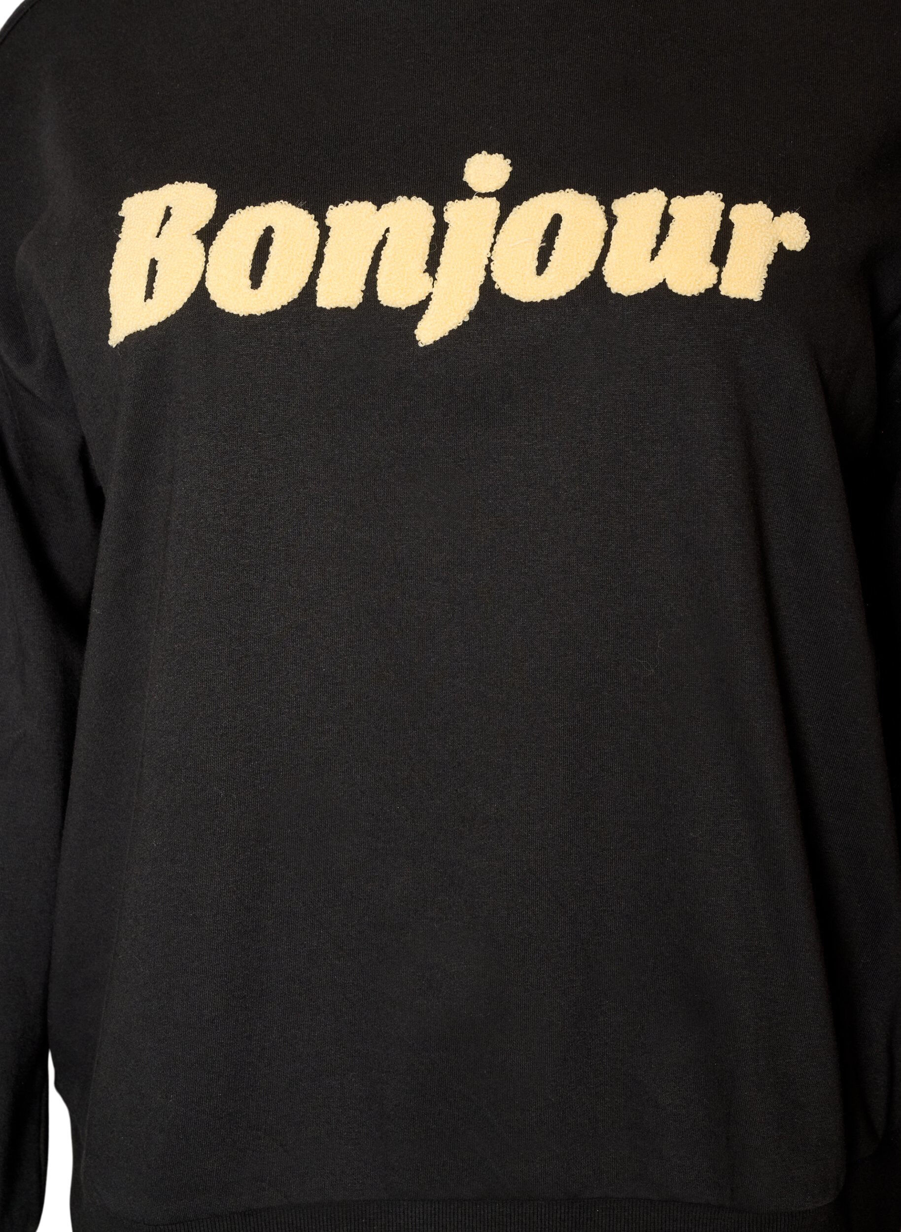 ZizziSweatshirt met boucl&eacute;-tekstmotief, Zwart, Packshot image number 2
