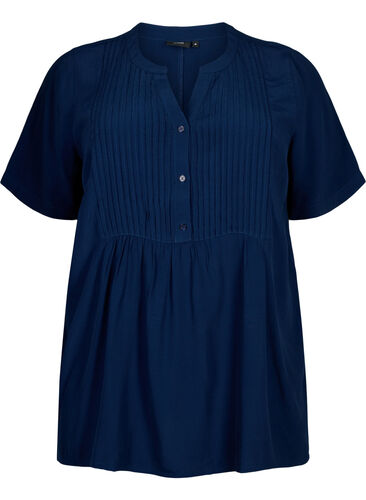 Viscose blouse met korte mouwen en plooien, Navy Blazer, Packshot image number 0