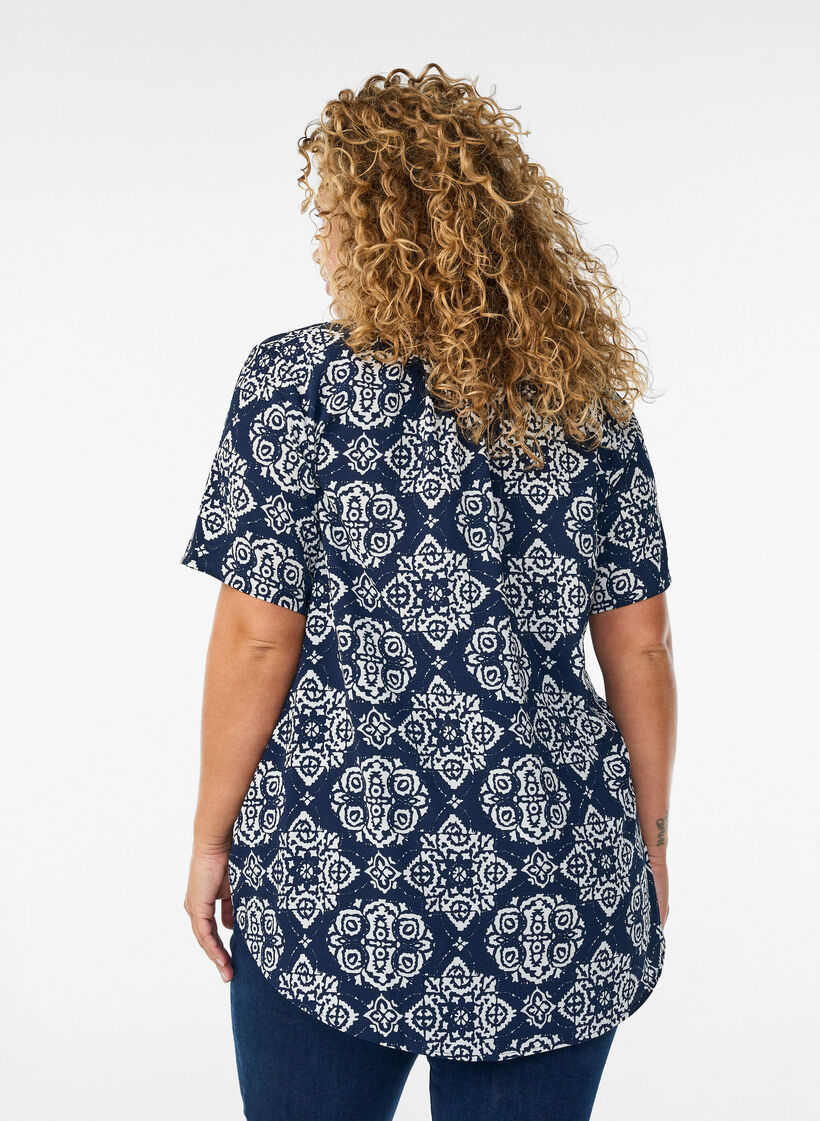 Blouse met korte mouwen en v-halslijn, Blauw, Model image number 2