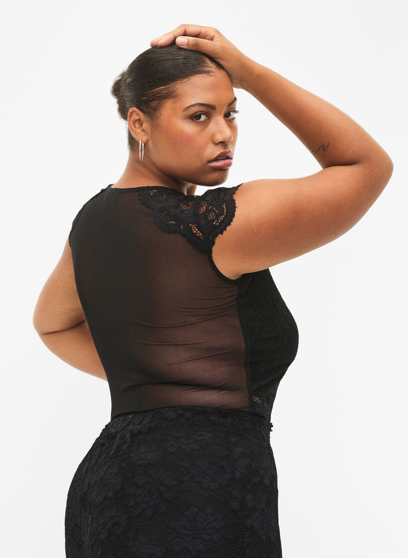 Bodystocking met kant en v-halslijn, Black, Model image number 1