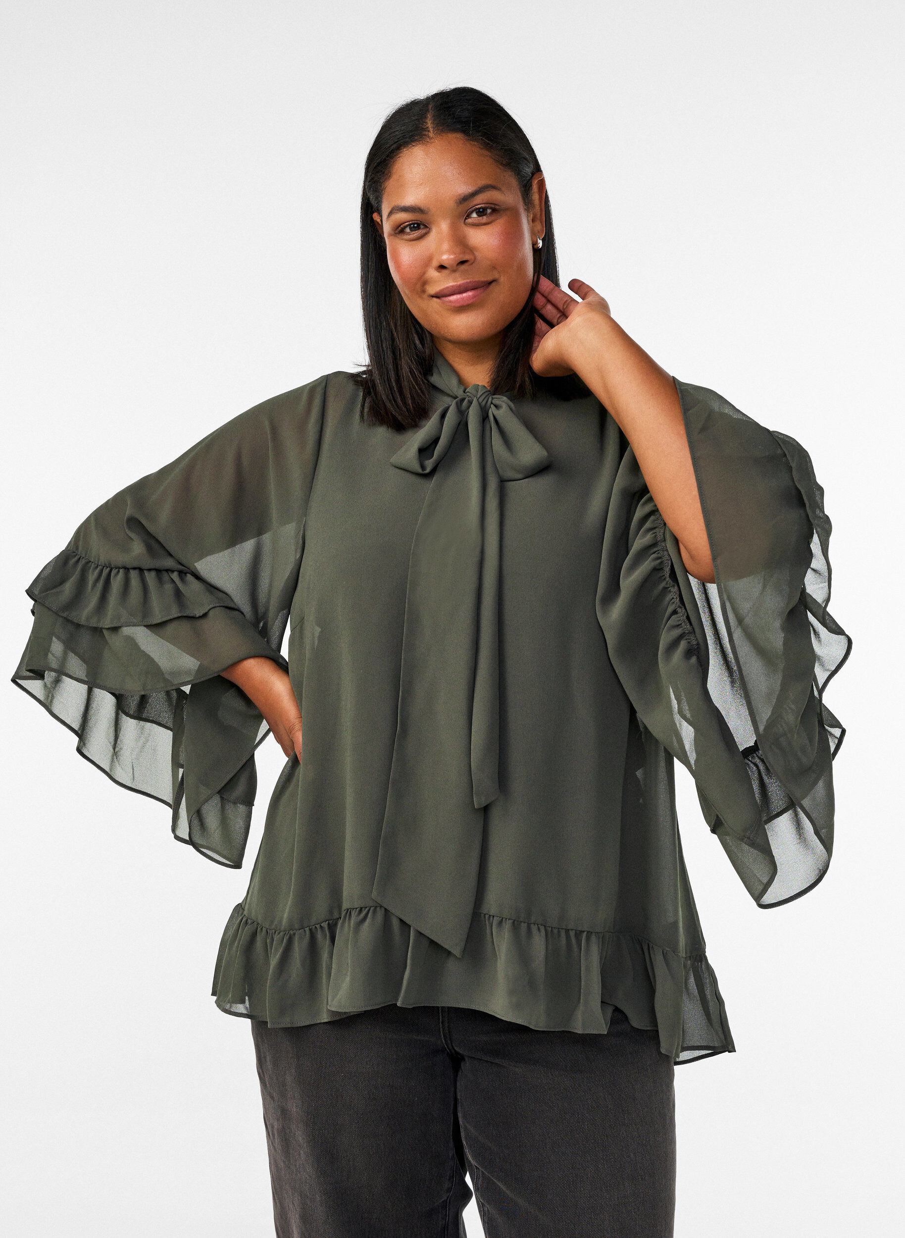 Blouse met striklint en ruches, Grijs, Model