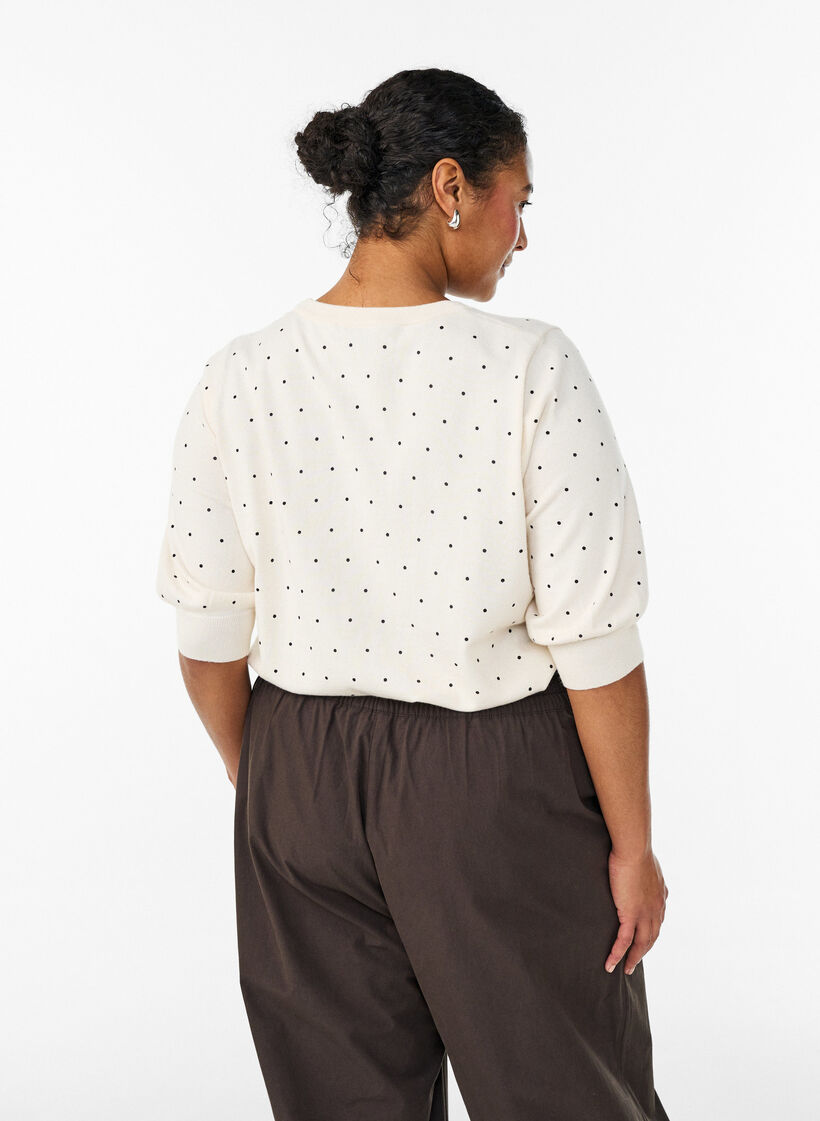 Gebreide top met stippenpatroon en korte mouwen, Wit, Model image number 1