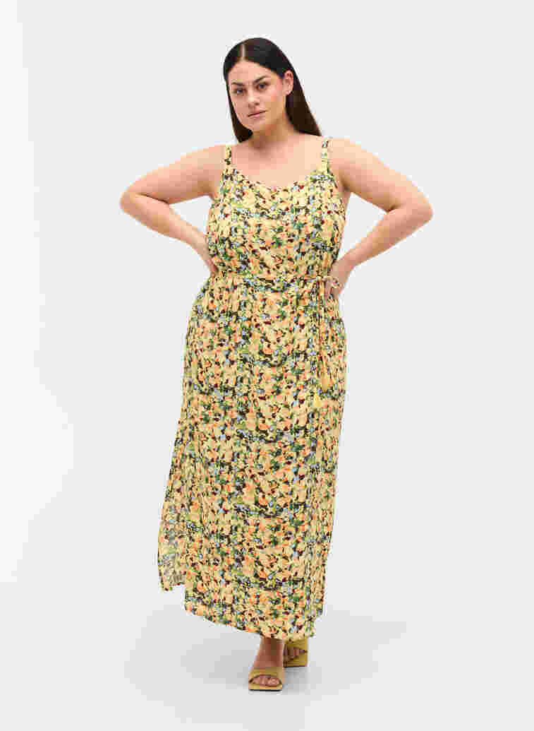 Viscose maxi-jurk, Yellow Summer AOP, Model