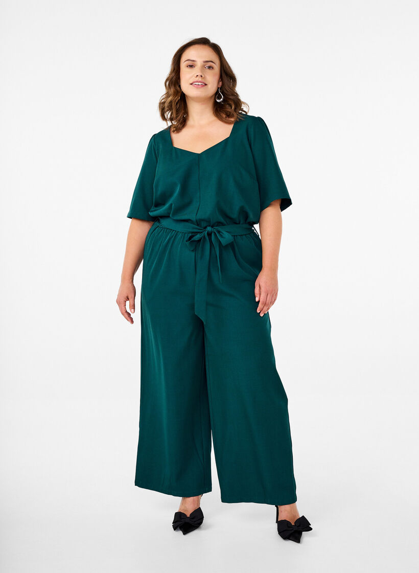 Jumpsuit met riem en korte mouwen, Sea Moss Melange, Model image number 0