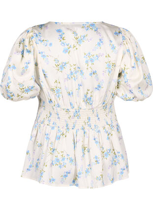 Gebloemde satijnen blouse met pofmouwen, Off White Blue Fl., Packshot image number 1