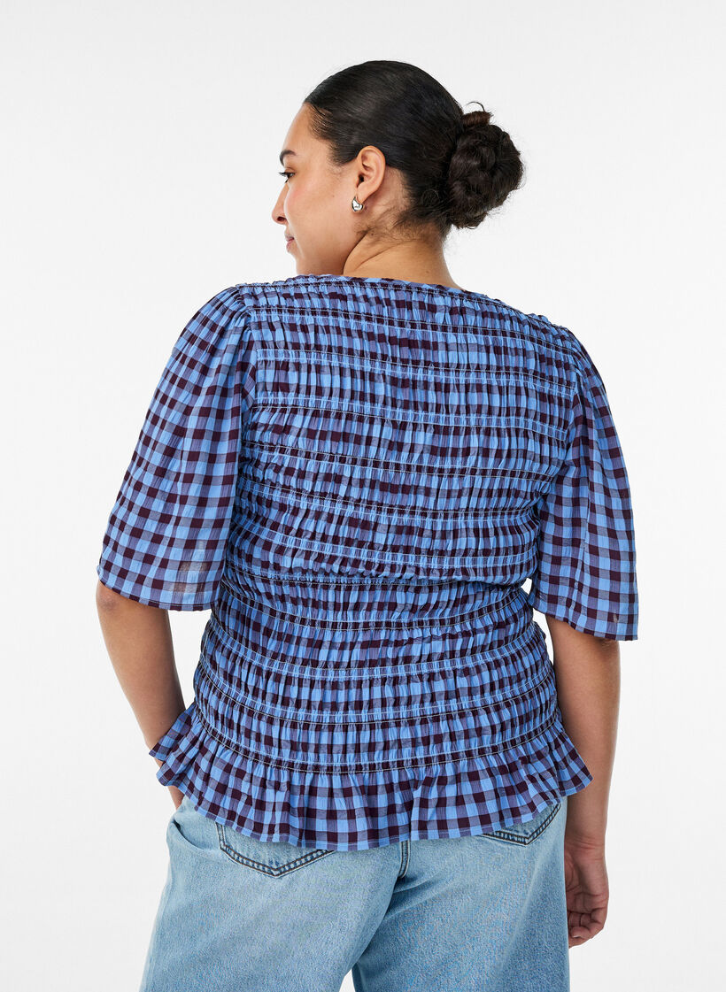 Smockblouse met ginghamruit en rucherand, Blauw, Model image number 2