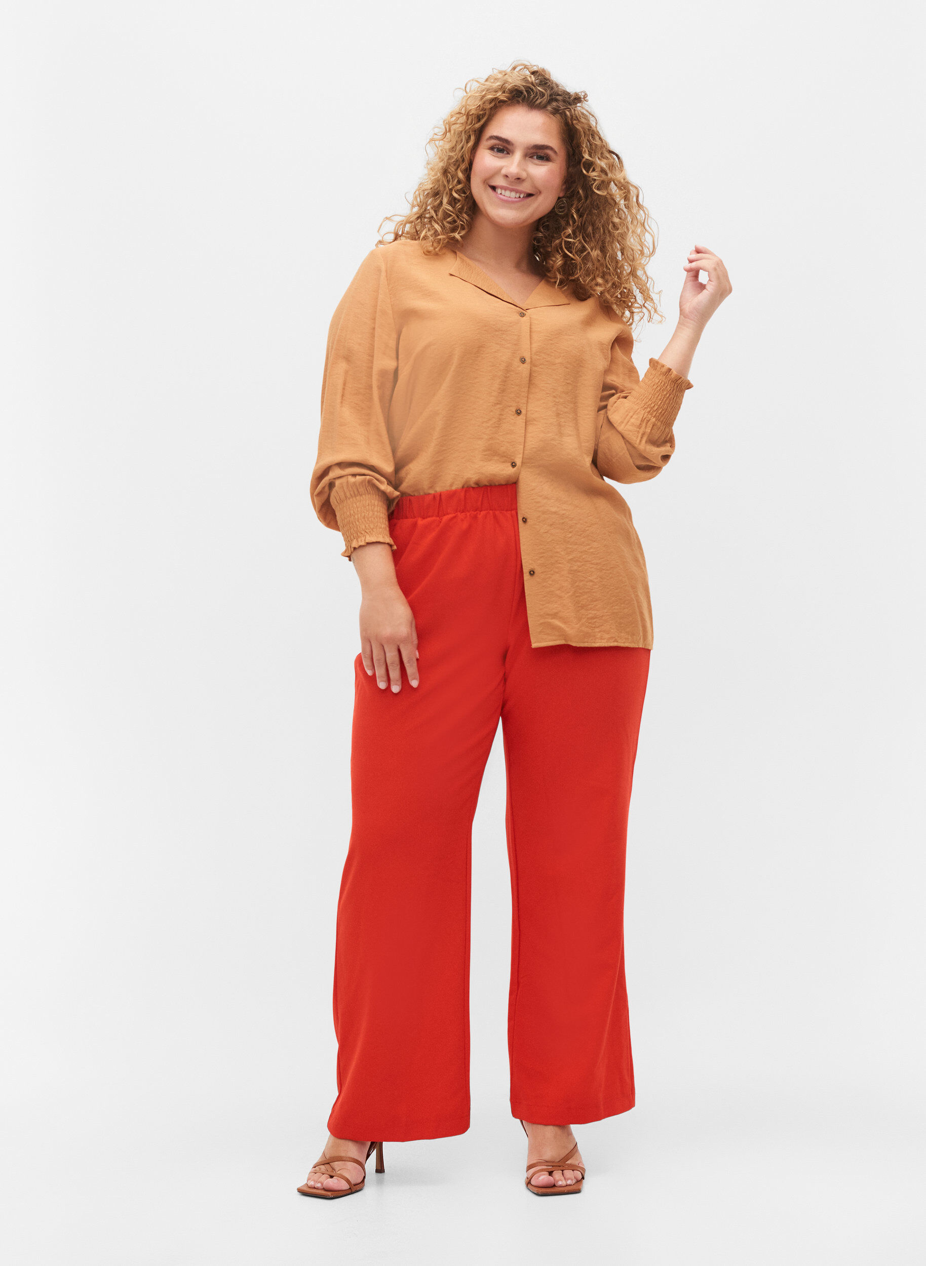 Flared broek met elastiek in de taille, Rood, Model