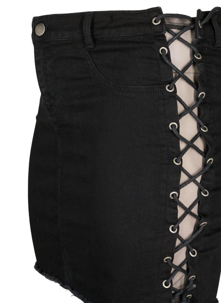 Korte denim rok met veterdetails, Black, Packshot image number 2