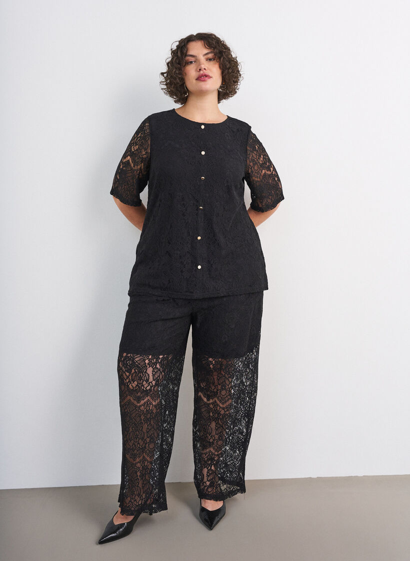 Kanten blouse met decoratieve knopen, Zwart, Model image number 1