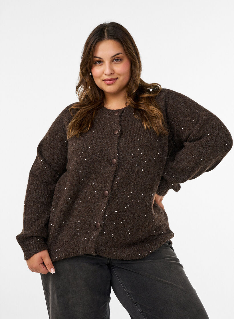 Cardigan met pailletten en knopen, Bruin, Model image number 0