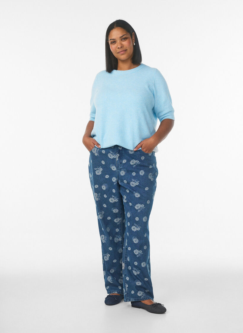 Gebreide blouse met korte mouwen, Blauw, Model image number 0