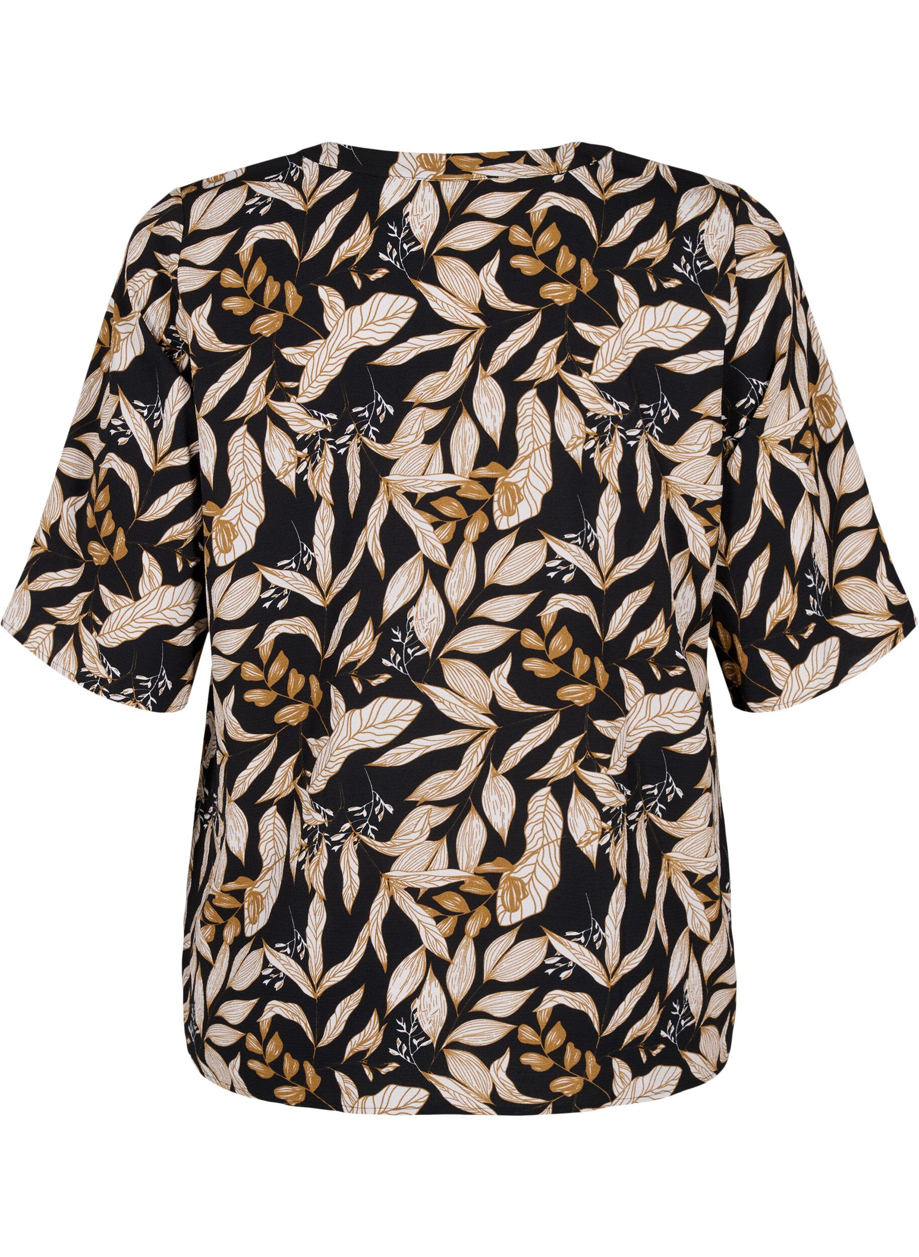 Zizzi Blouse met V-hals en strikprint, Black Leaf AOP, Packshot image number 1