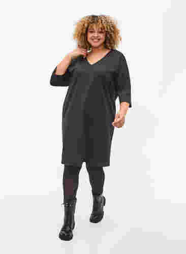 Gemêleerde jurk met 3/4 mouwen en v-hals, Dark Grey Mel., Model image number 2