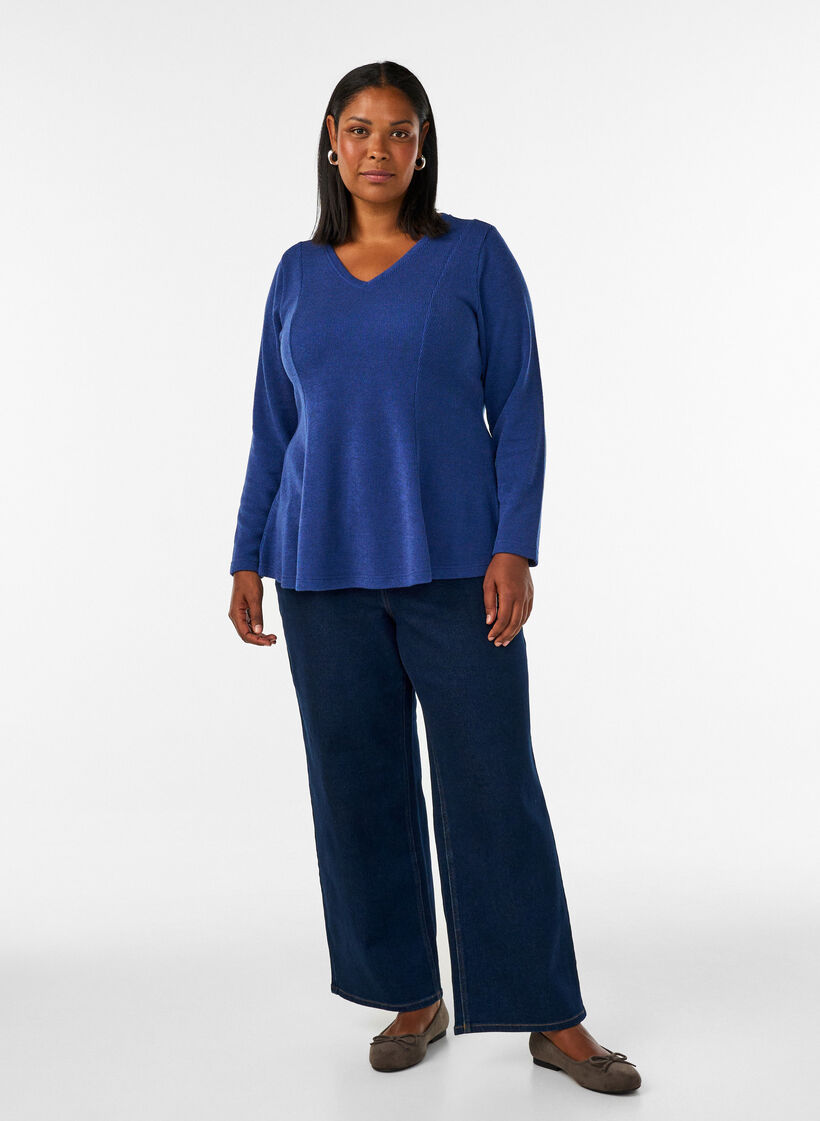 Jersey blouse met een geribde textuur en een A-lijn pasvorm, Blauw, Model image number 1