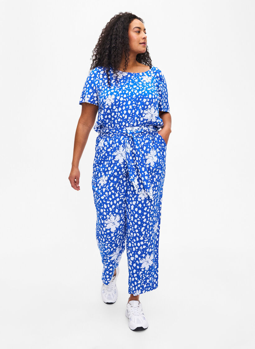 FLASH - Viscose blouse met korte mouwen en print, Blauw, Model image number 1