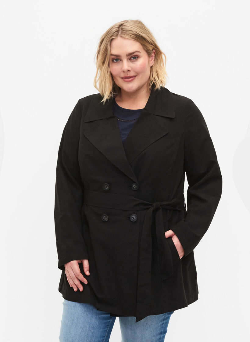 Trenchcoat met riem en zakken, Black, Model image number 0