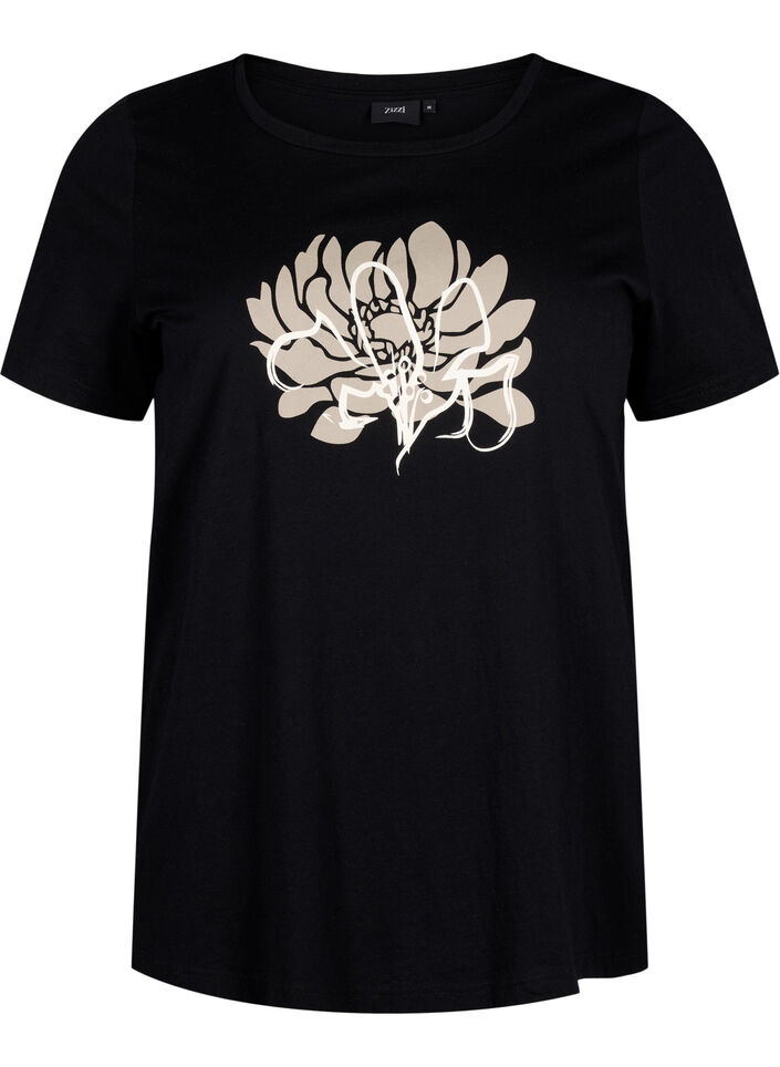 T-shirt met motief, Black w. Flower, Packshot image number 0