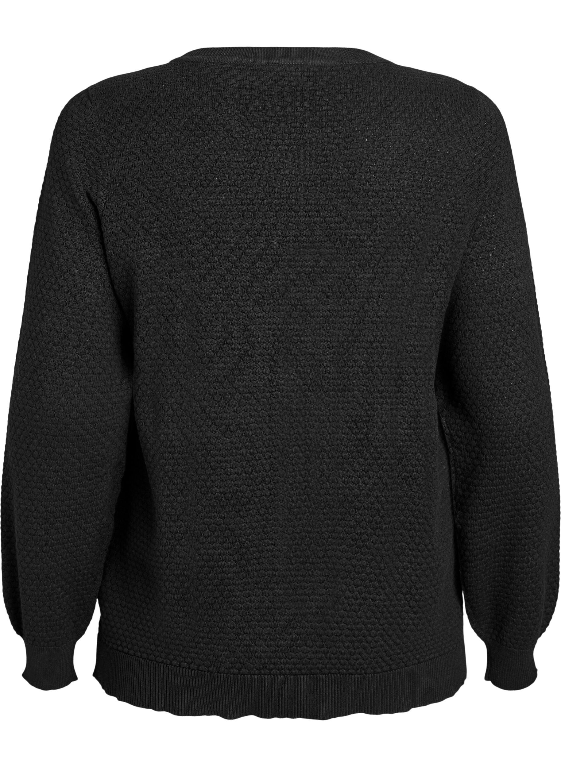 Zizzi Gebreide blouse van katoen met structuurpatroon, Zwart, Packshot image number 1