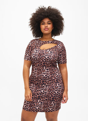 Nauwsluitende jurk met luipaardprint en een uitsnede, Leopard AOP, Model image number 0