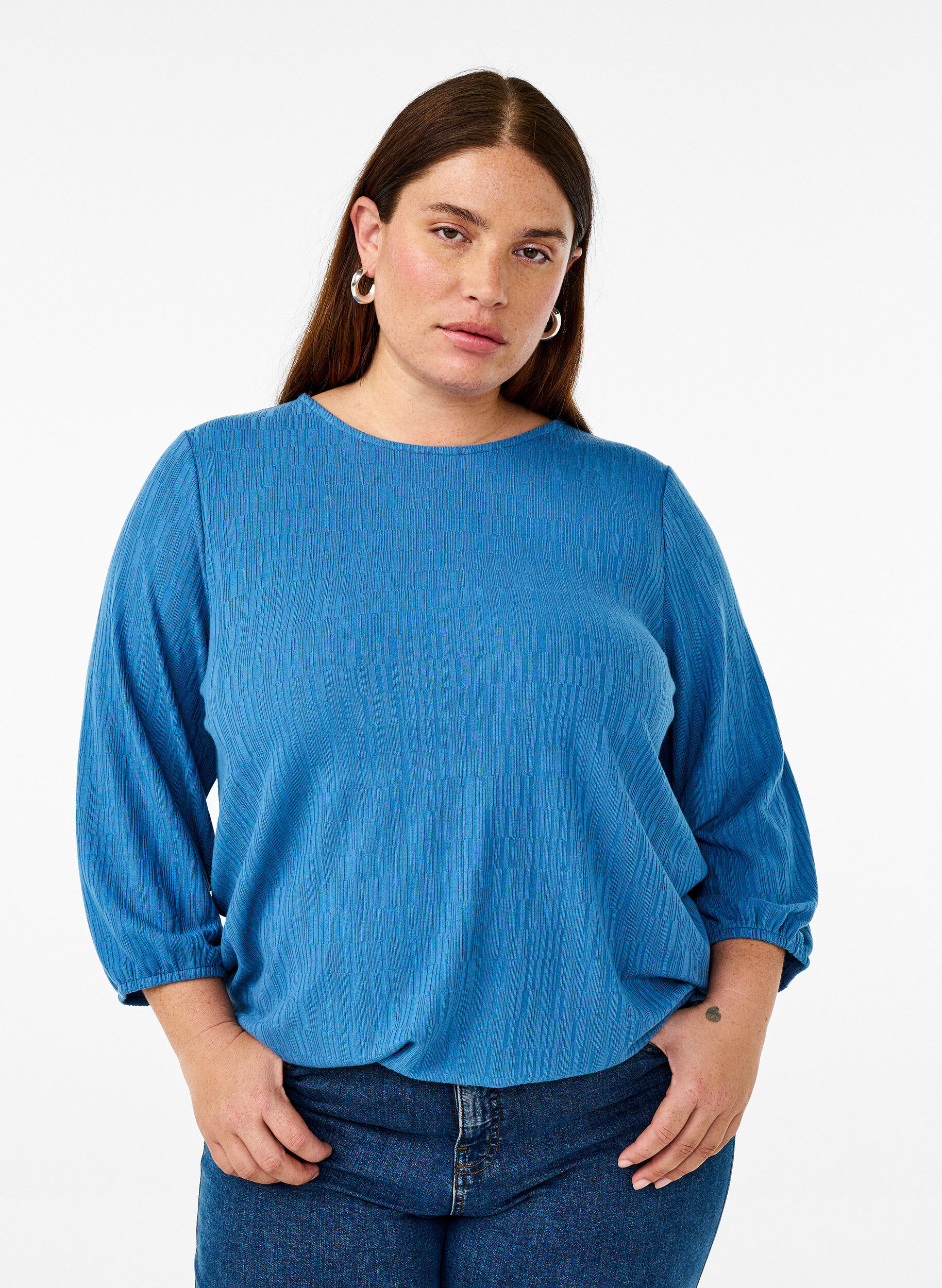 ZizziBlouse met textuur en 3/4 mouwen, Blauw, Model image number 0