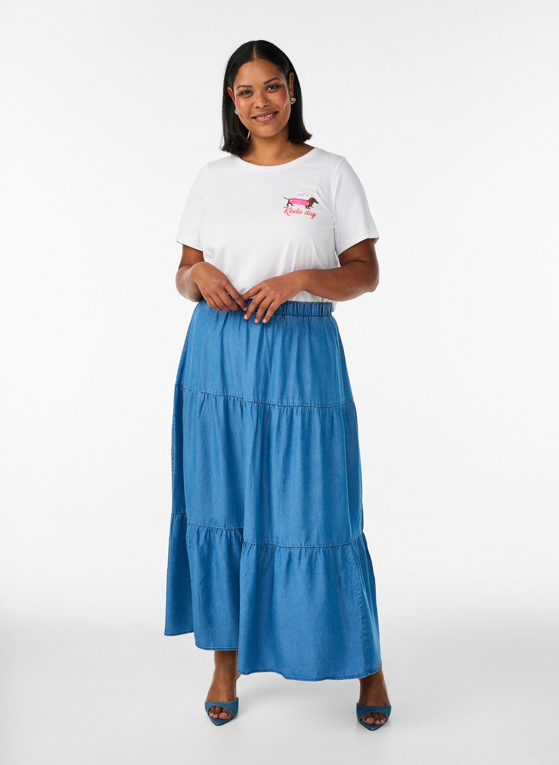 Denim maxi rok met ruches, Blauw, Model