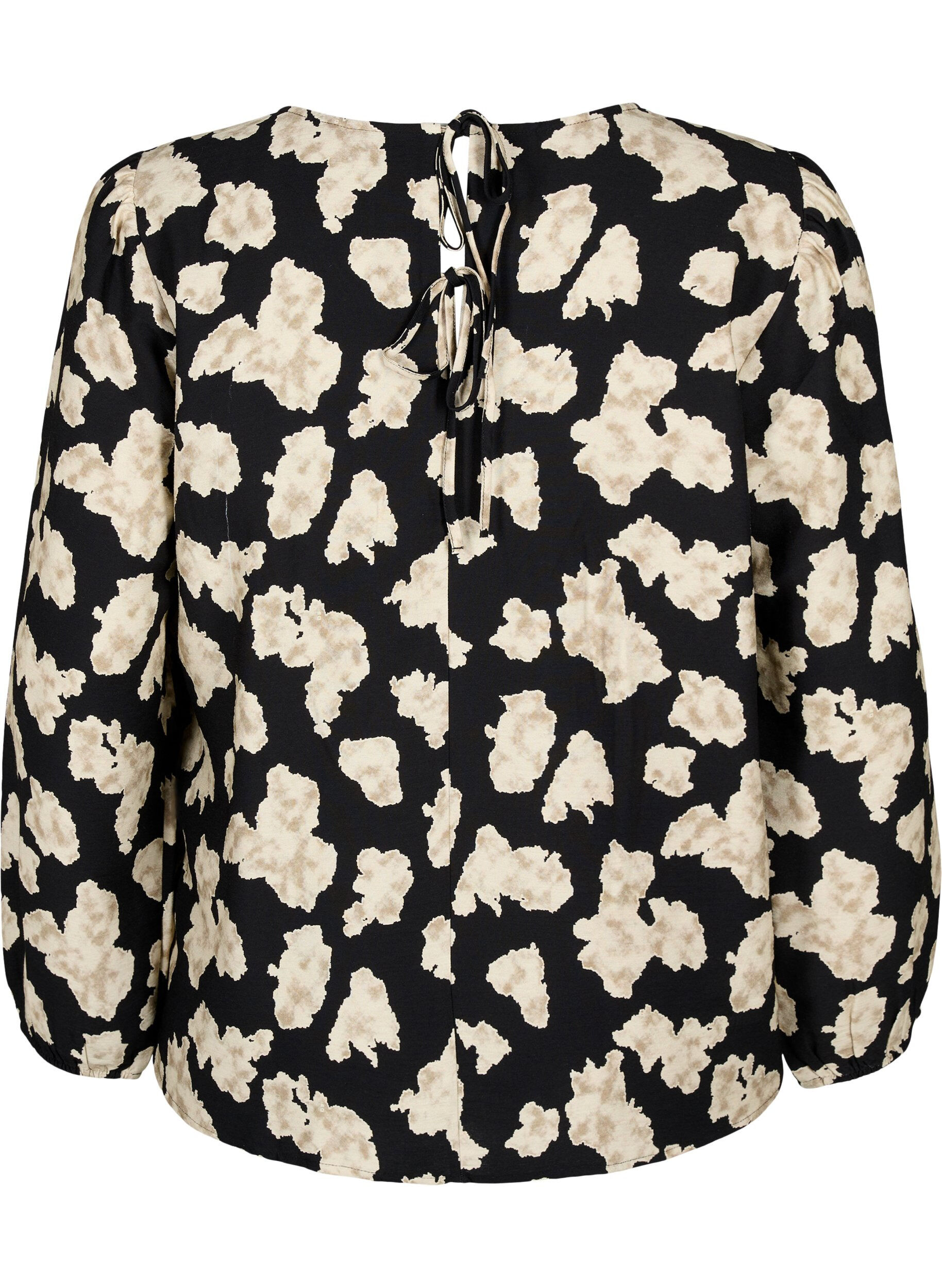 Zizzi Blouse met lange mouwen, print en strikjes, Zwart, Packshot image number 1