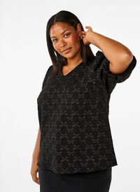 Jacquard blouse met korte mouwen en strikjes, Black W. Bow, Model