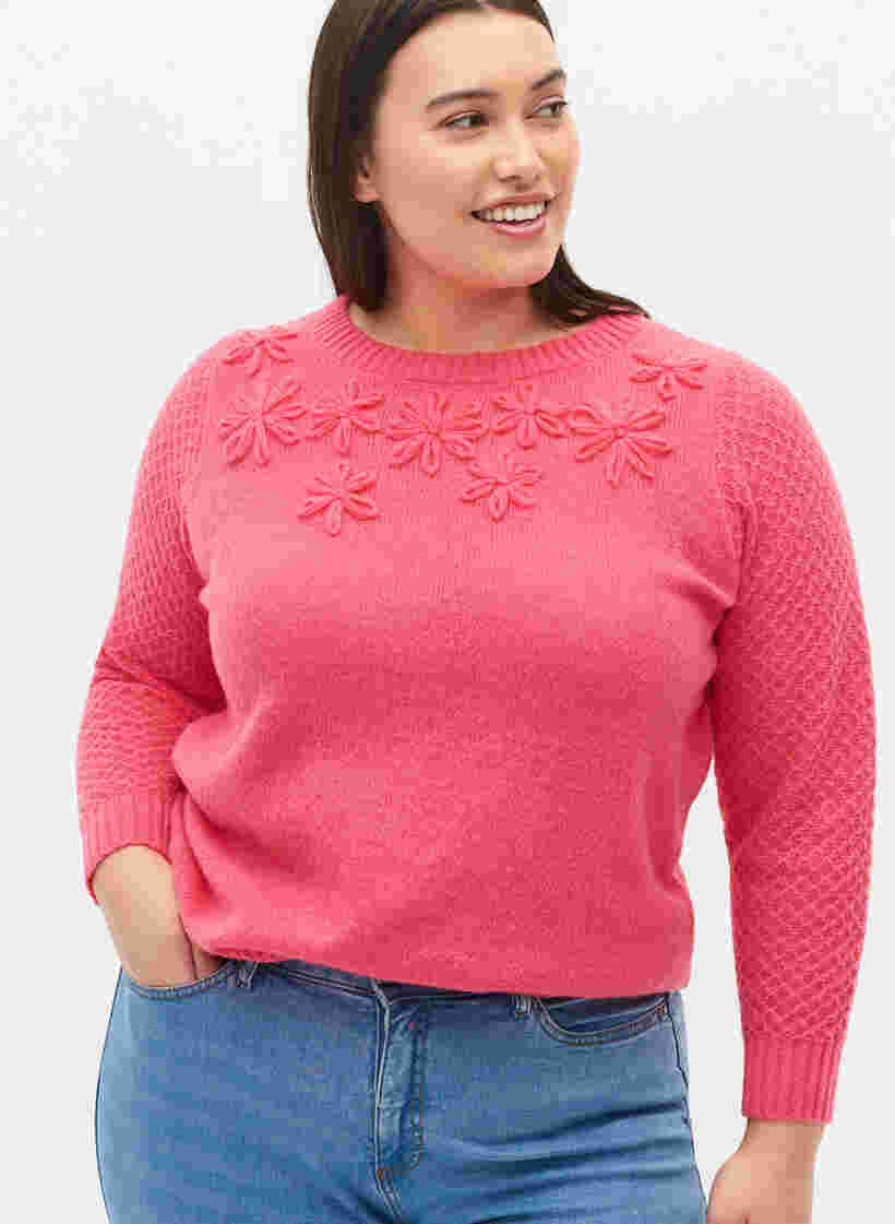 Gebreide trui met bloemendetail, Hot Pink, Model image number 2