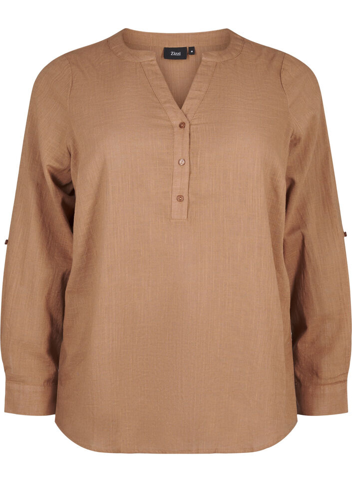 Katoenen overhemdblouse met V-hals, Coca Mocha, Packshot image number 0