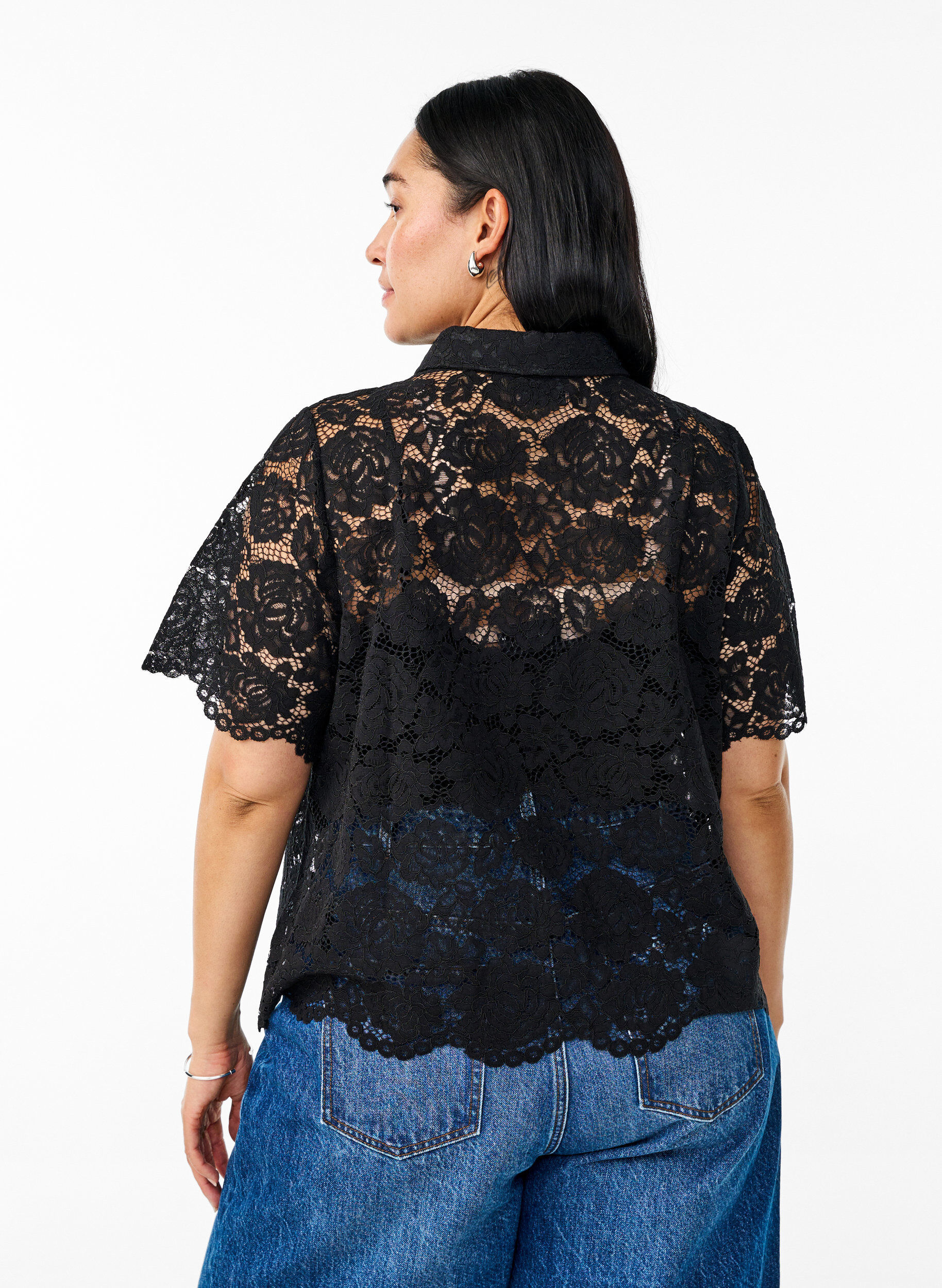 ZizziKanten shirt blouse met parelknopen, Zwart, Model image number 2