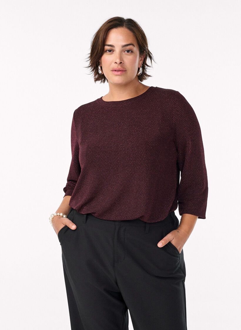 Blouse met visgraatpatroon en glinsterend garen, Donker Bordeaux, Model image number 0