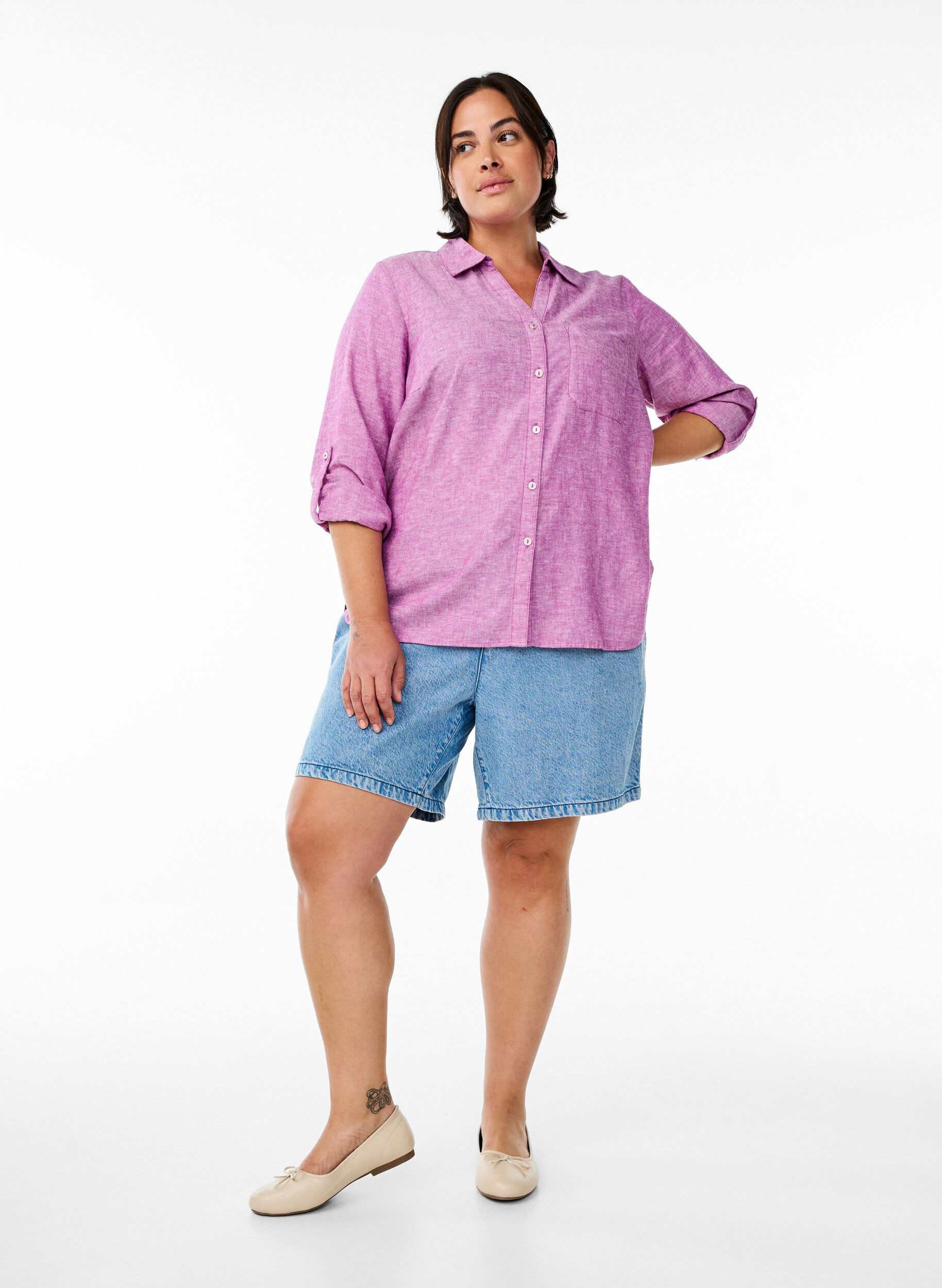 ZizziLinnen en viscose shirt met 3/4 mouwen, Paars, Model image number 1