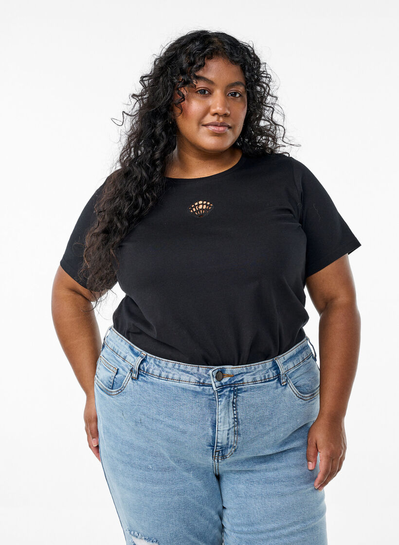 T-shirt met decoratieve details, Zwart, Model image number 0
