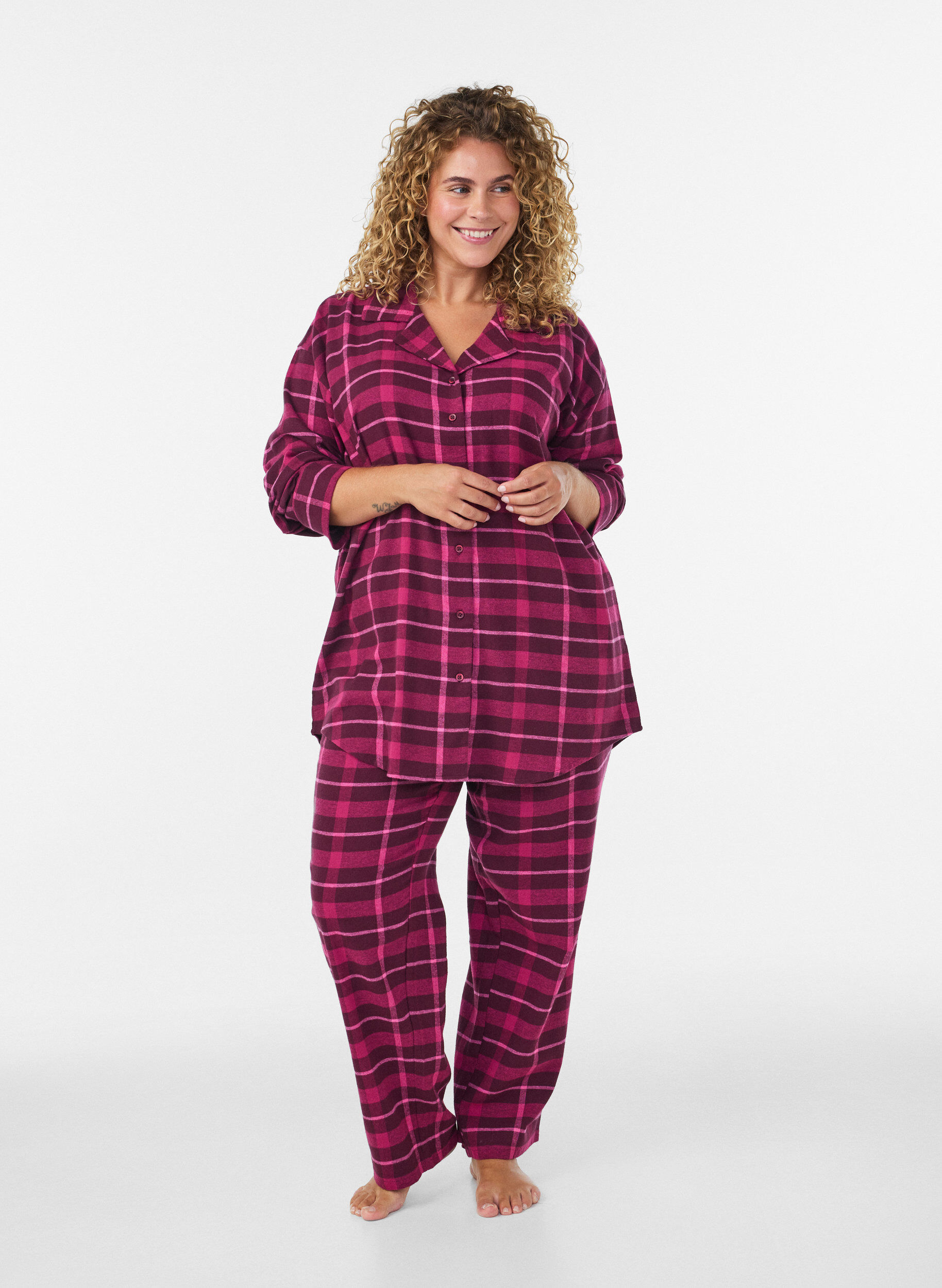 ZizziGeruite katoenen pyjamashirt met lange mouwen, Rood, Model image number 1