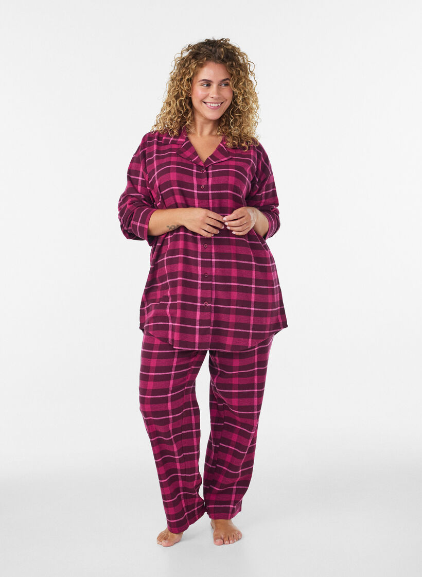 Geruite katoenen pyjamashirt met lange mouwen, Rood, Model image number 1