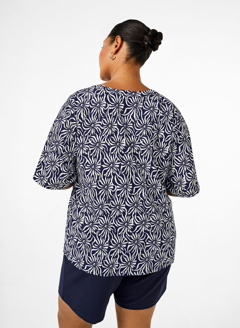  Blouse met V-hals en bloemenprint, White Blue Flower, Model image number 1