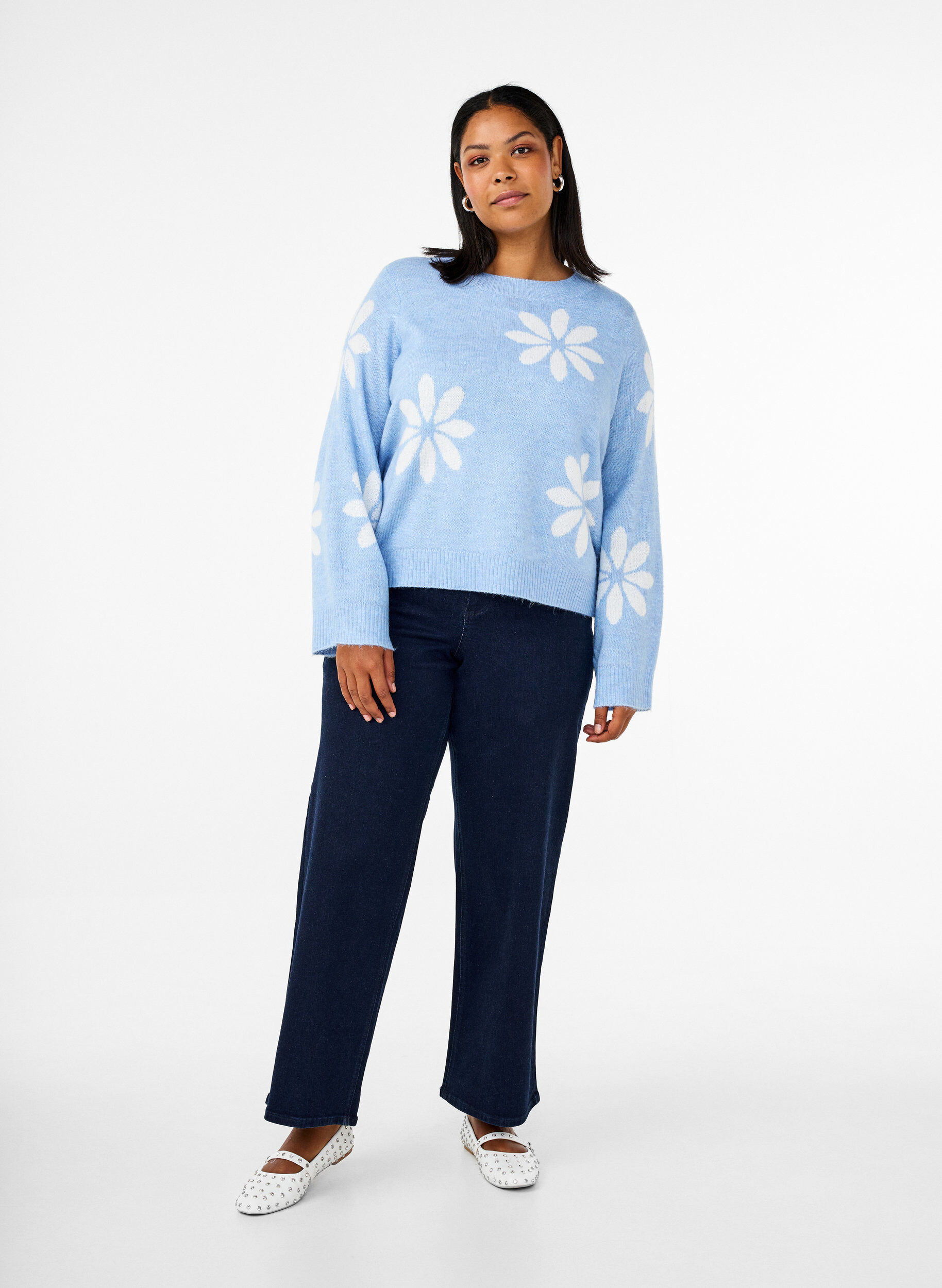 Zizzi Gebreide blouse met bloemen, Della R. Blue Comb, Model image number 2