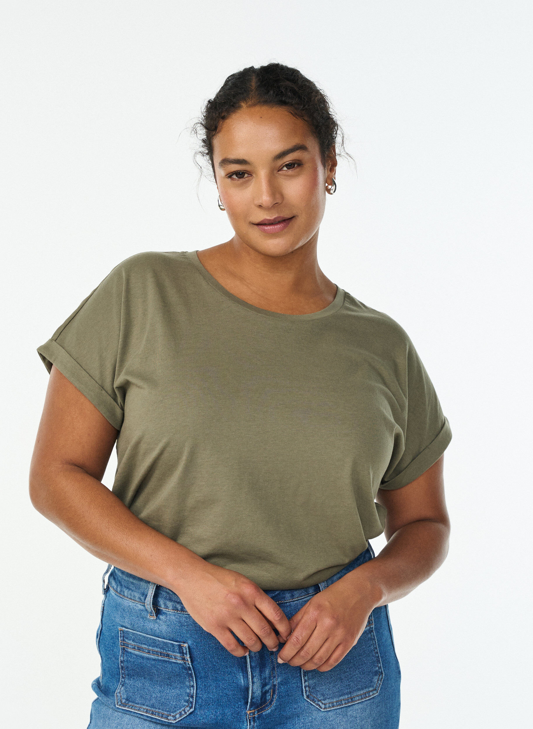 Zizzi T-shirt met korte mouwen van katoenmix, Groen, Model image number 0