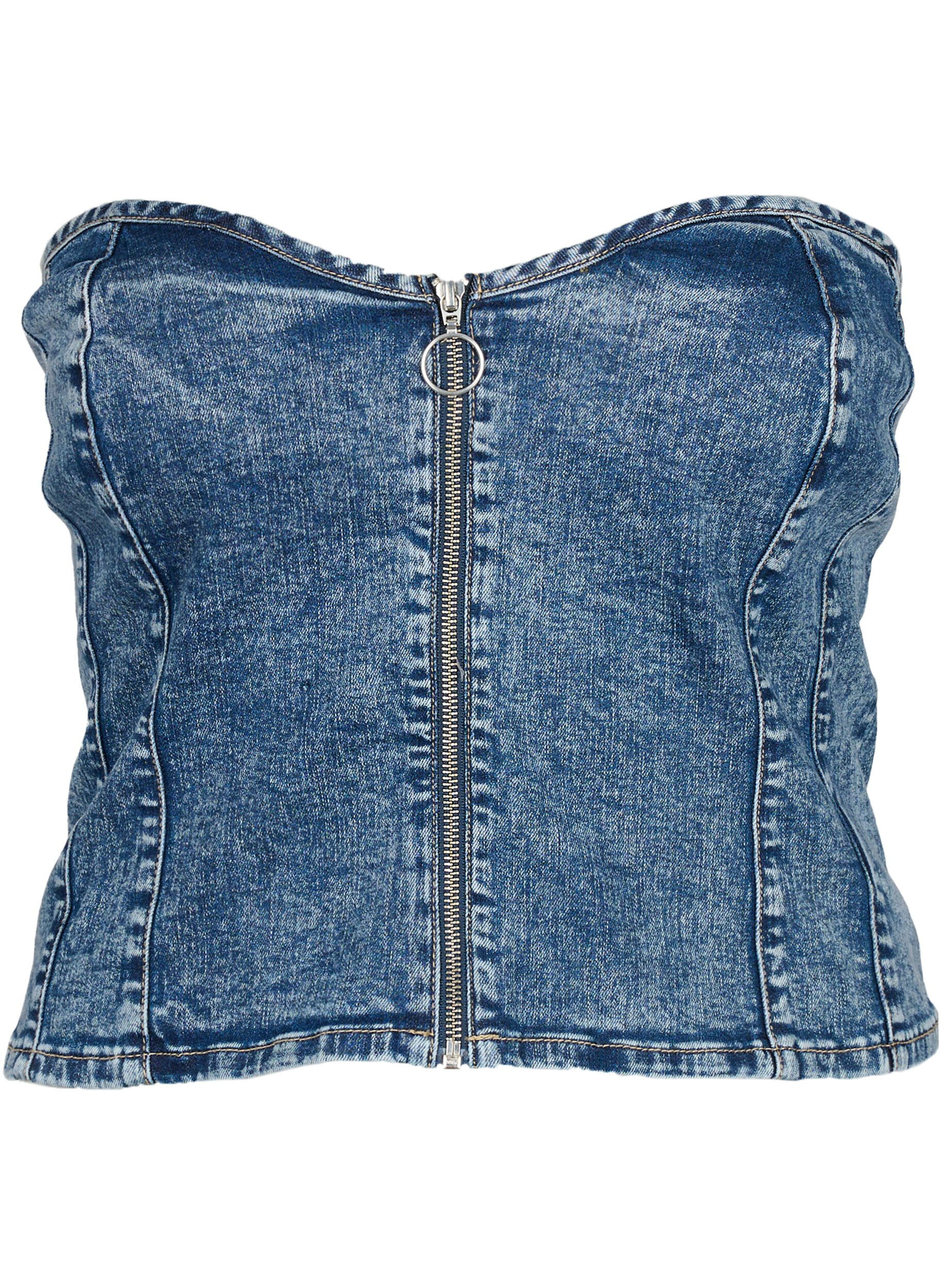 Zizzi Denim korset top met rits, Blue denim, Packshot image number 0