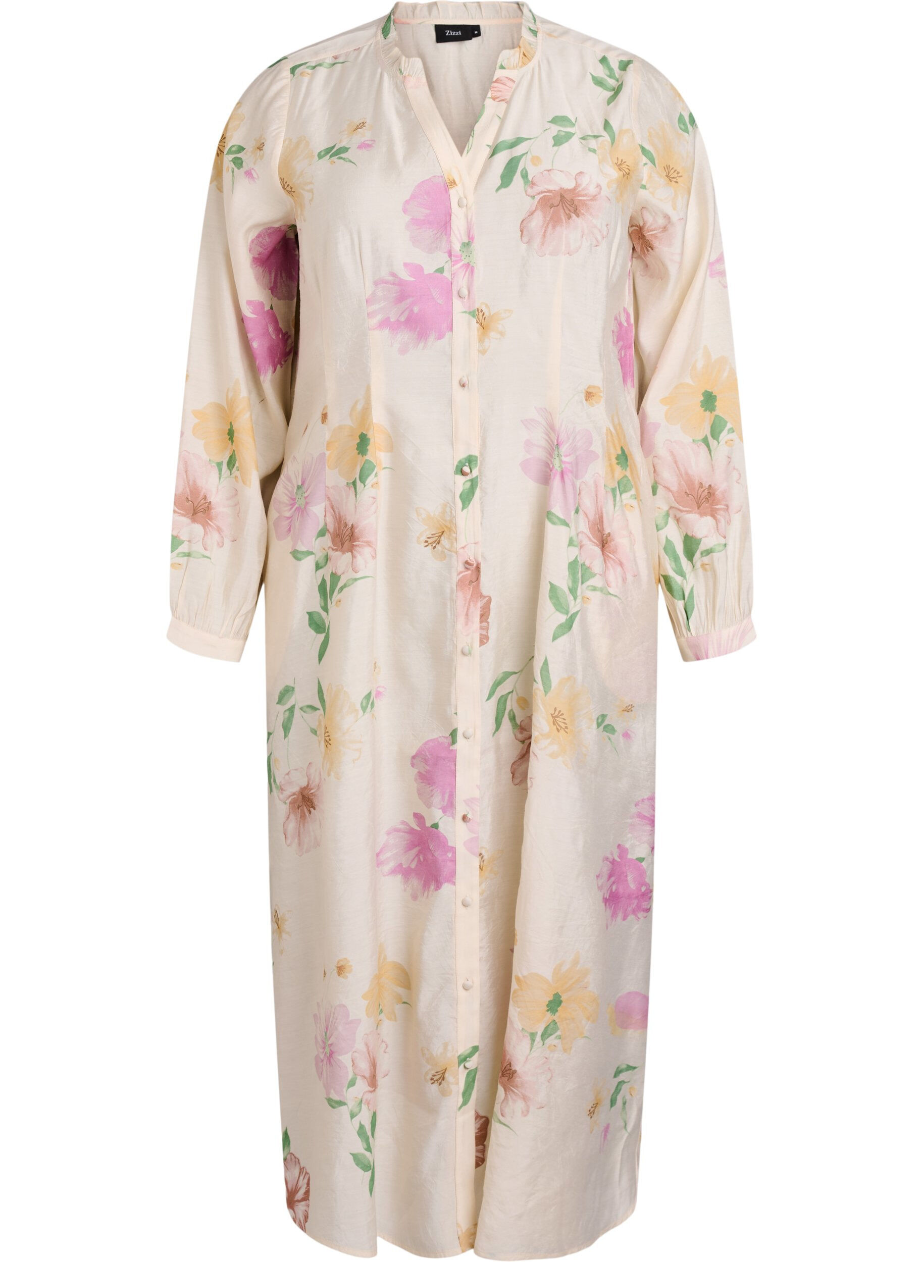 Zizzi Bloemen midijurk met volantkraag en knoopsluiting, Beige, Packshot image number 0