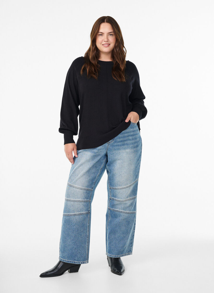 Breisel blouse met middennaad en raglan mouwen, Zwart, Model image number 1