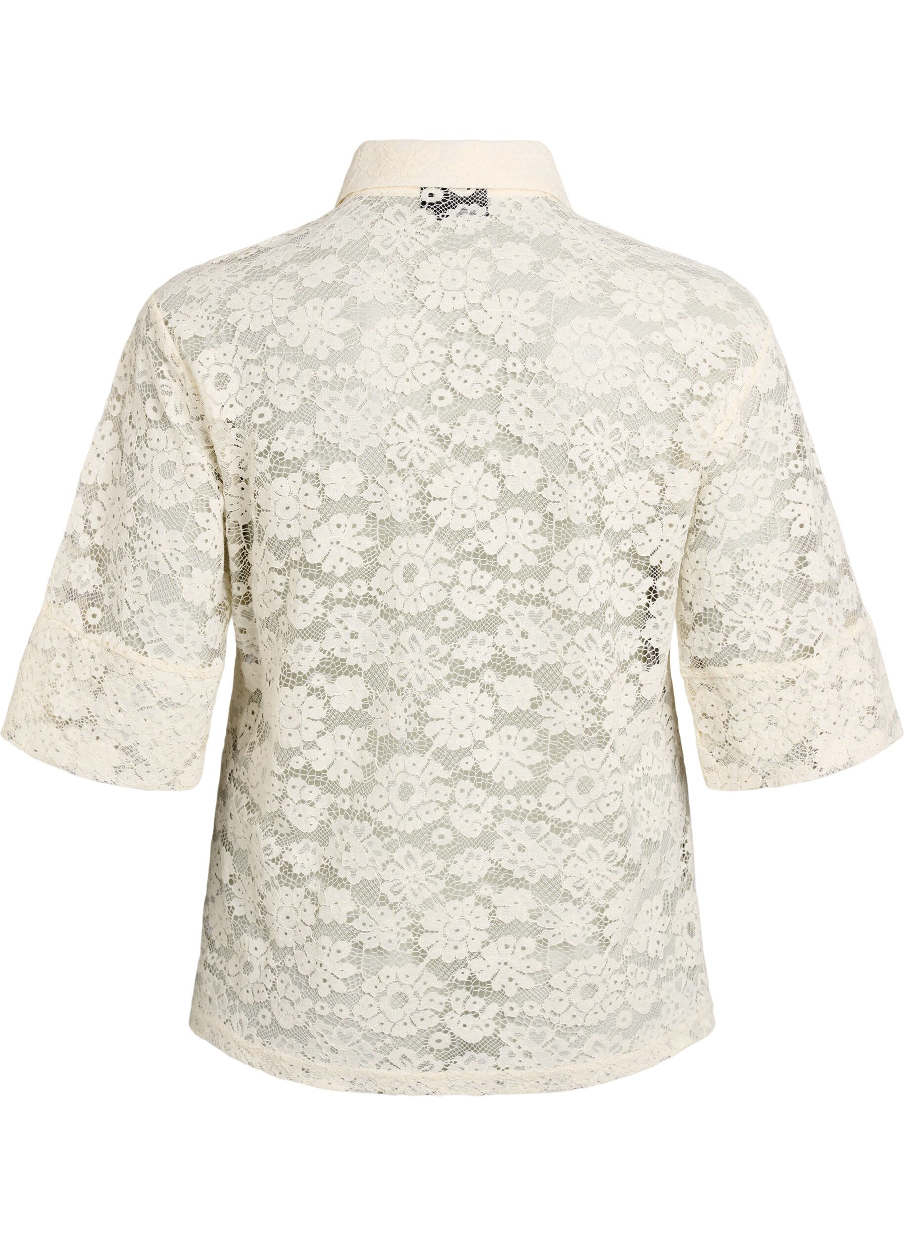 Zizzi Kanten blouse met kraag en 1/2 mouwen, Vanille, Packshot image number 1