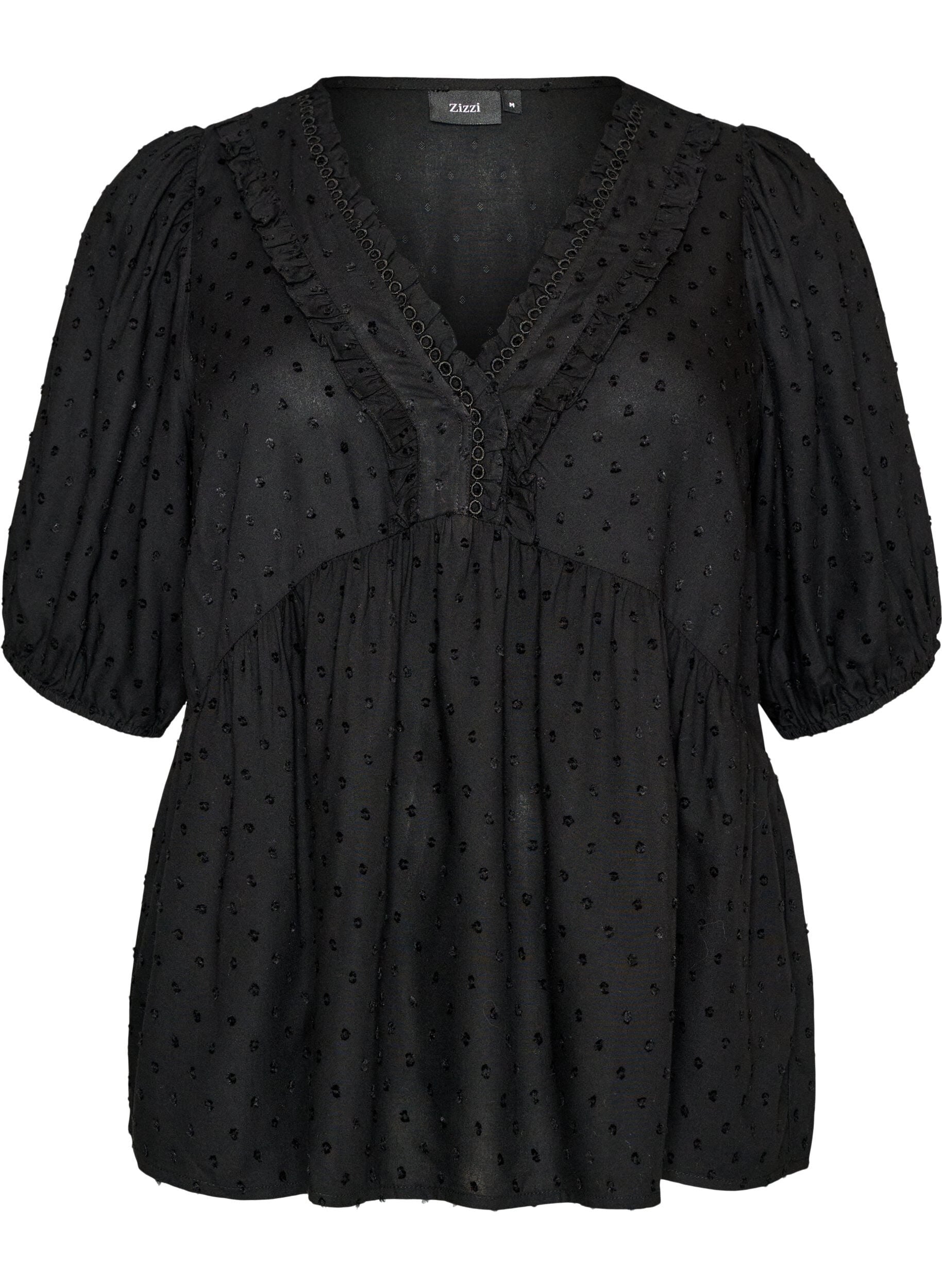 ZizziViscose blouse met een stippenstructuur en V-hals, Zwart, Packshot image number 0