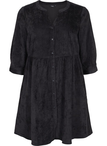 Fluwelen jurk met 3/4-mouwen en knopen, Black, Packshot image number 0