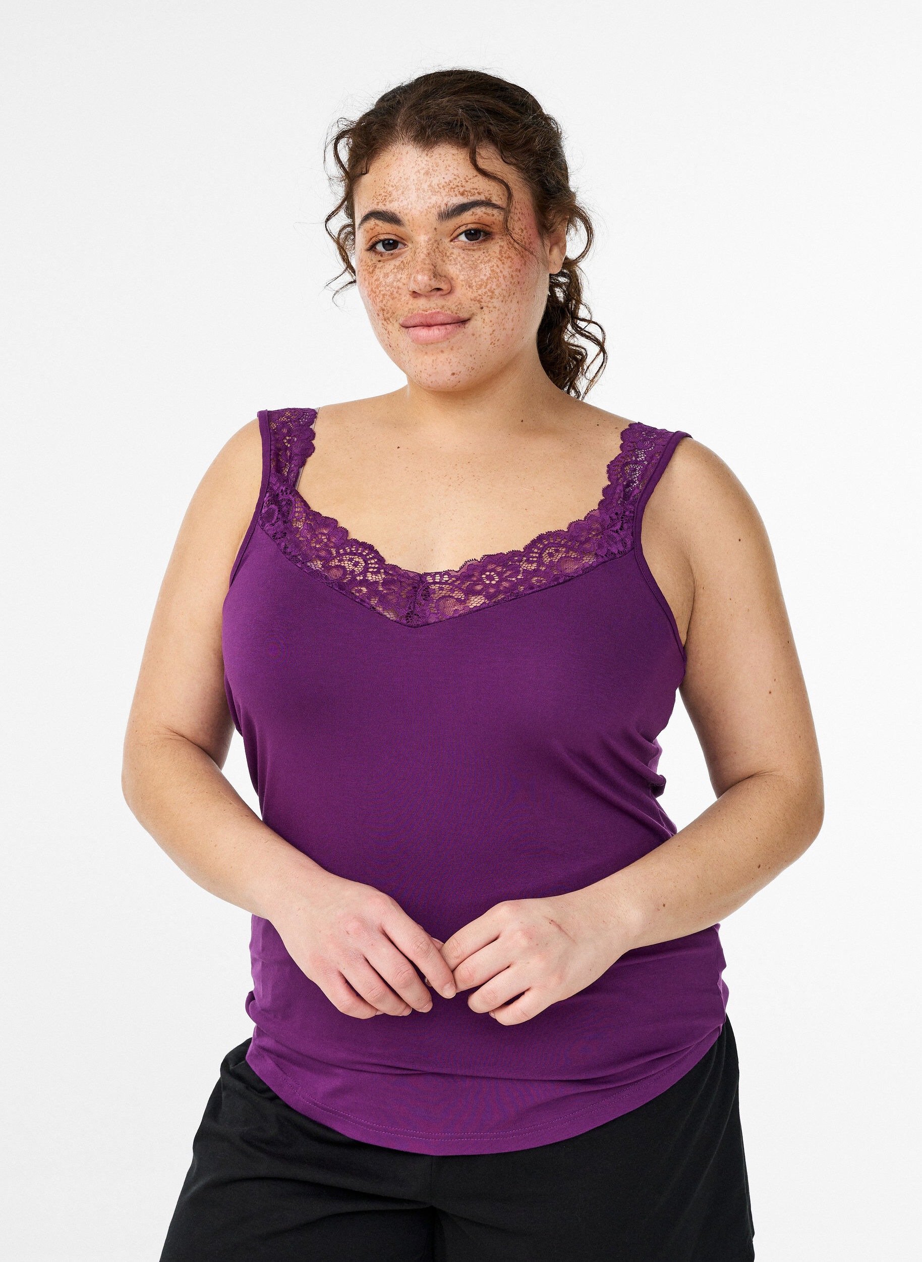 Viscose top met kanten rand, Paars, Model