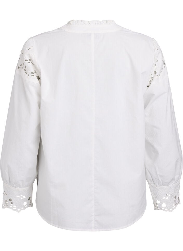 Blouse met V-hals en broderie anglaise details, Wit, Packshot